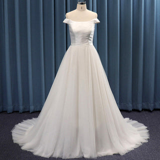 Classic Off Shoulder Curve A-line Satin and Tulle Wedding Dress