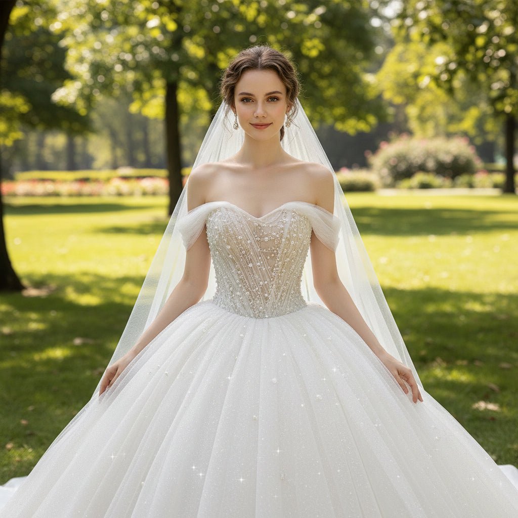Off the Shoulder Tulle Ball Gown Wedding Dress Beaded Pearls - Rosymae