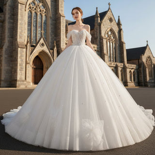 Off the Shoulder Tulle Ball Gown Wedding Dress Beaded Pearls - Rosymae
