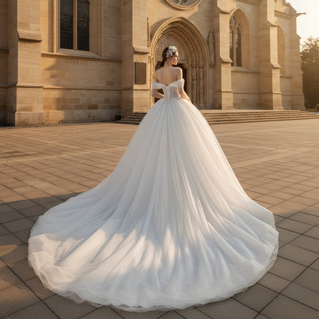 Off the Shoulder Tulle Ball Gown Wedding Dress Beaded Pearls - Rosymae