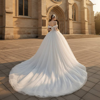 Off the Shoulder Tulle Ball Gown Wedding Dress Beaded Pearls - Rosymae