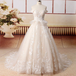 Off Shoulder Sheer Bodice Tulle Lace Ball Gown Wedding Dress