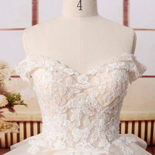 Off Shoulder Sheer Bodice Tulle Lace Ball Gown Wedding Dress
