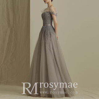 Off the Shoulder A-line Tulle Gray Evening Dress with Crystals