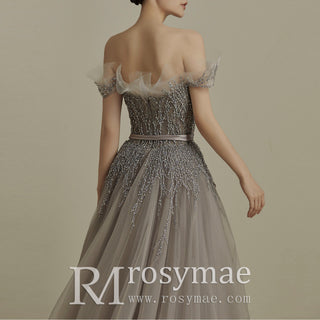 Off the Shoulder A-line Tulle Gray Evening Dress with Crystals