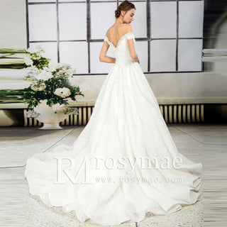 Off Shoulder V-neck A-line Lace Bridal Wedding Dress Cathedral Train