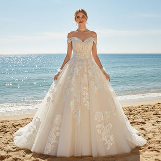 Off-the-shoulder Wedding Dress Puffy Tulle Ball Gown Bridal Dress - Rosymae