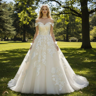 Off-the-shoulder Wedding Dress Puffy Tulle Ball Gown Bridal Dress - Rosymae
