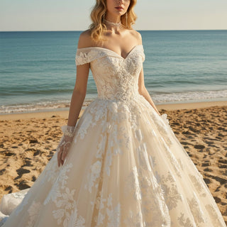 Off-the-shoulder Wedding Dress Puffy Tulle Ball Gown Bridal Dress - Rosymae