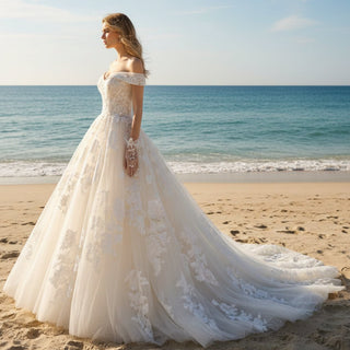 Off-the-shoulder Wedding Dress Puffy Tulle Ball Gown Bridal Dress - Rosymae