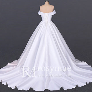 Plunging V Off The Shoulder Ball Gown Satin Bridal Gowns