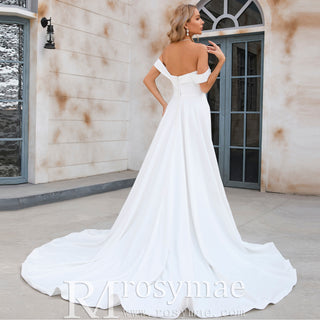 In Stock and Ready to Ship Off the Shoulder Pleated Bodice A-line Wedding Dress with V-Neck and Slit