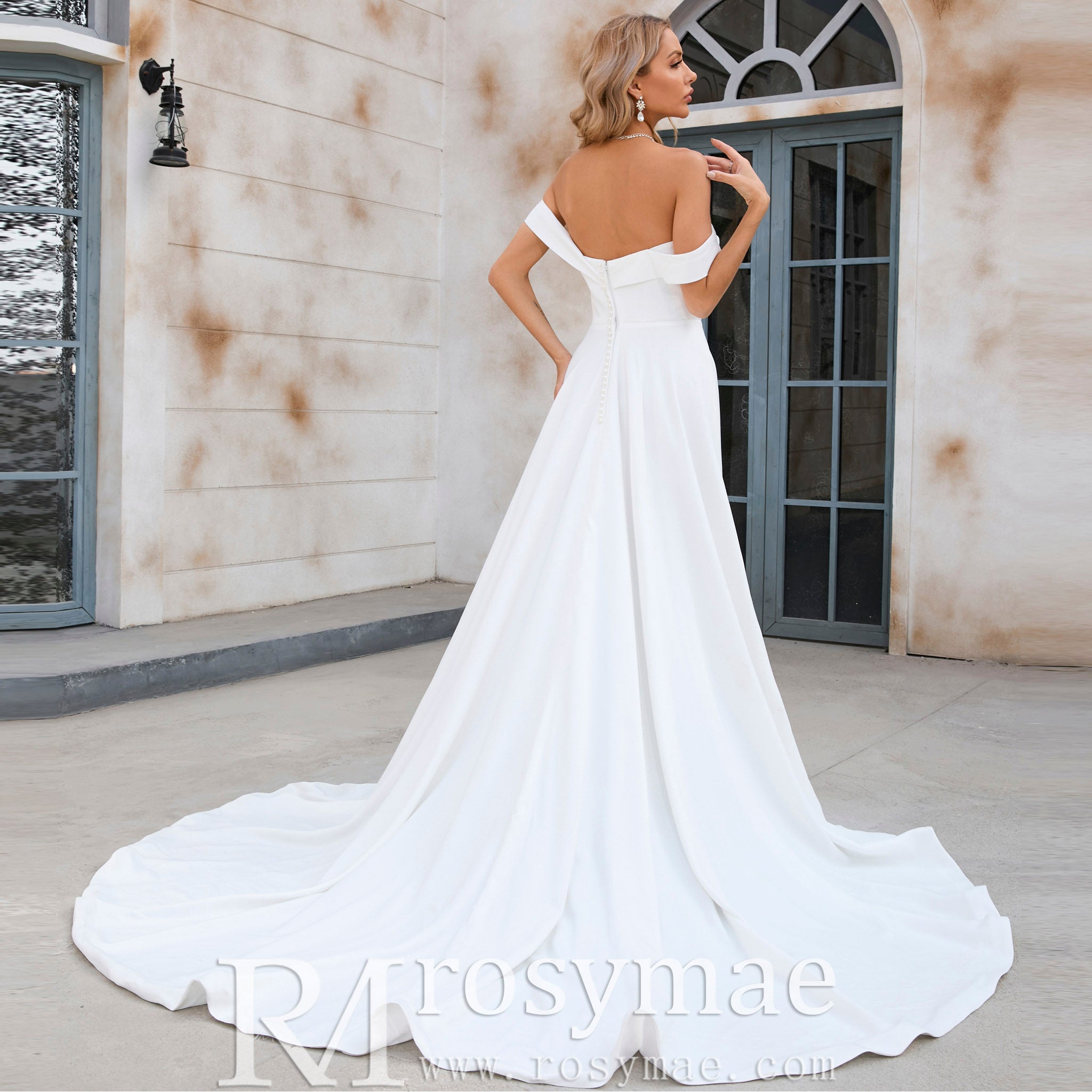 Off the Shoulder Pleated Bodice A-line Wedding Dress with V-Neck and Slit White / 16W Off the Shoulder Pleated Bodice A-line Wedding Dress with V-Neck and Slit White / 16W