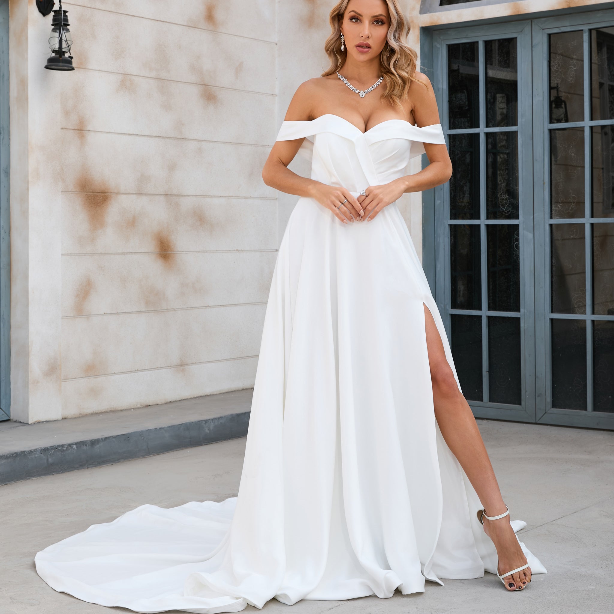 Off The Shoulder Pleated Bodice A-Line Wedding Dress with V-Neck and Slit White / 16W Off The Shoulder Pleated Bodice A-Line Wedding Dress with V-Neck and Slit White / 16W