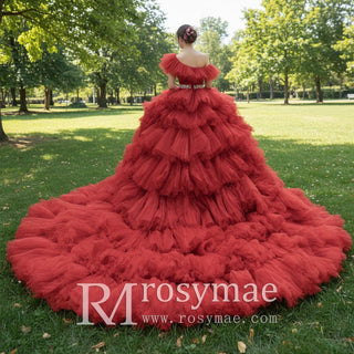 One Shoulder Ball Gown Tulle Red Wedding Dress Luxury Gown - Rosymae