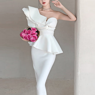 One-Shoulder Ruffled Mermaid Satin Bridal Two-Piece Dress - Rosymae