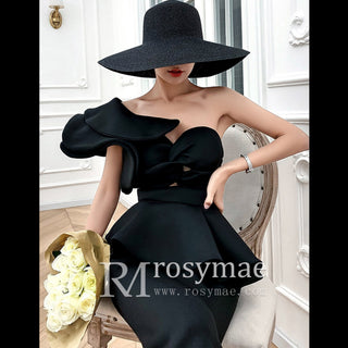 One-Shoulder Ruffled Mermaid Satin Bridal Two-Piece Dress - Rosymae