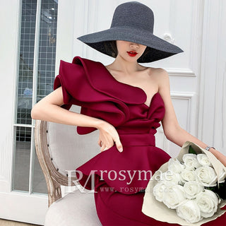 One-Shoulder Ruffled Mermaid Satin Bridal Two-Piece Dress - Rosymae