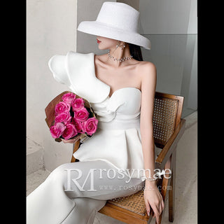 One-Shoulder Ruffled Mermaid Satin Bridal Two-Piece Dress - Rosymae