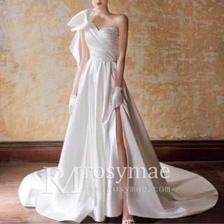 Puff One Shoulder Ruched Satin Bridal Gown Wedding Dress