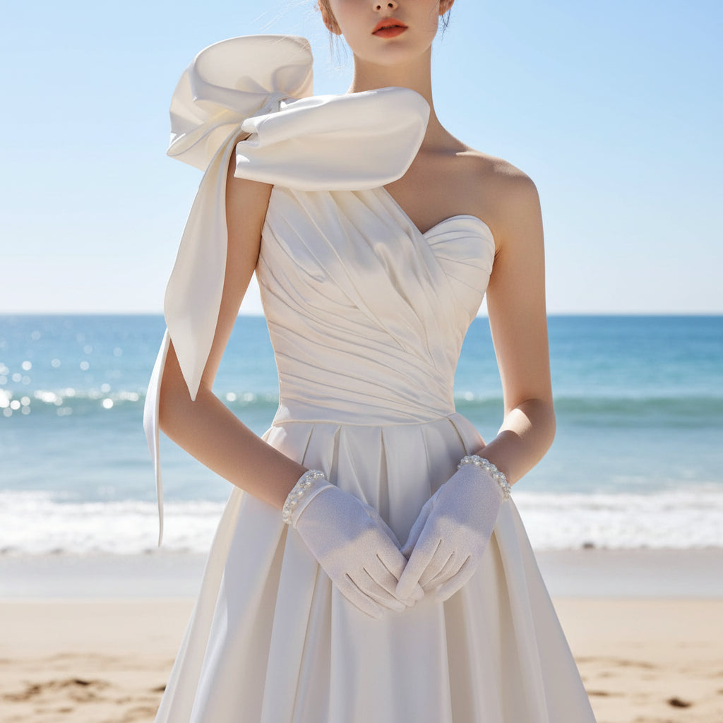Puff One Shoulder Ruched Satin Bridal Gown Wedding Dress Champagne / 6 Puff One Shoulder Ruched Satin Bridal Gown Wedding Dress Champagne / 6