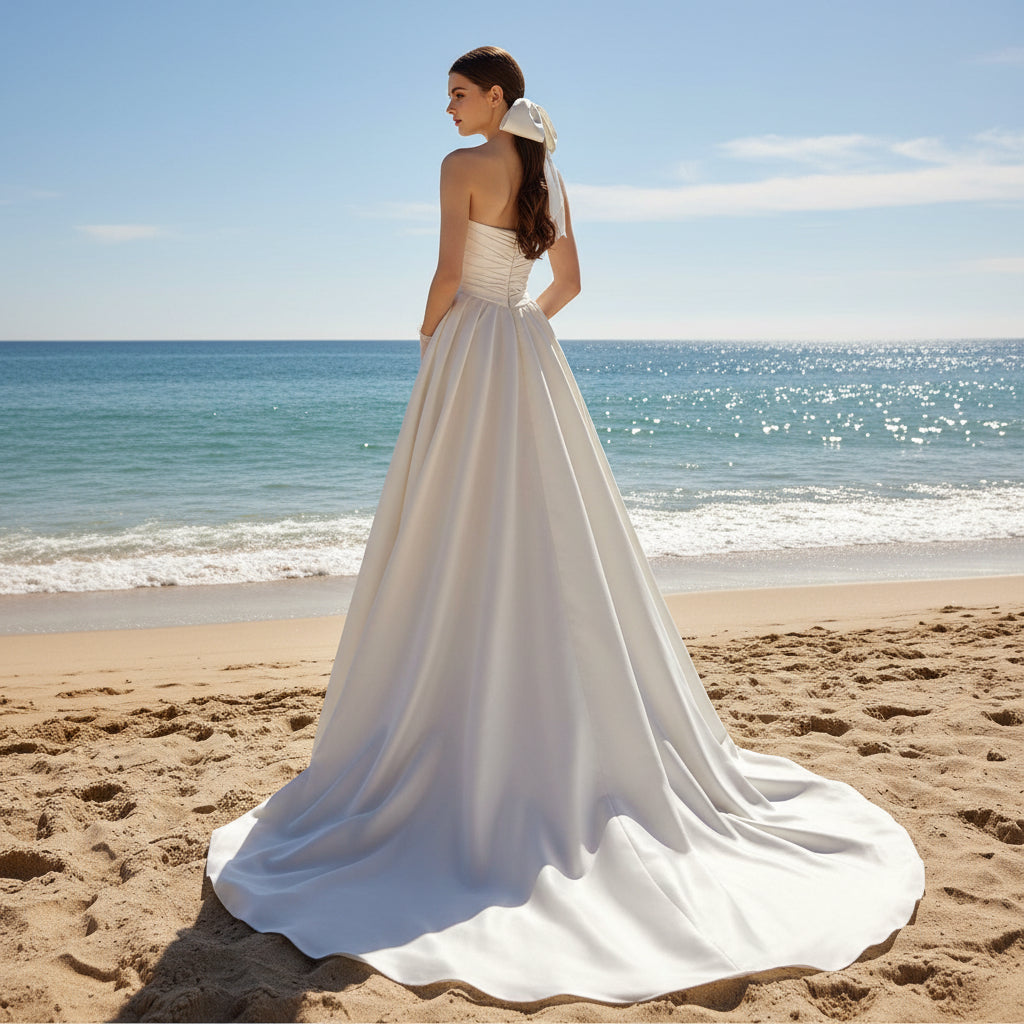 Puff One Shoulder Ruched Satin Bridal Gown Wedding Dress Rosymae Puff One Shoulder Ruched Satin Bridal Gown Wedding Dress Rosymae