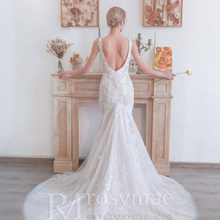 Open Mermaid Wedding Dress Bridal Gown with Plunging - Rosymae