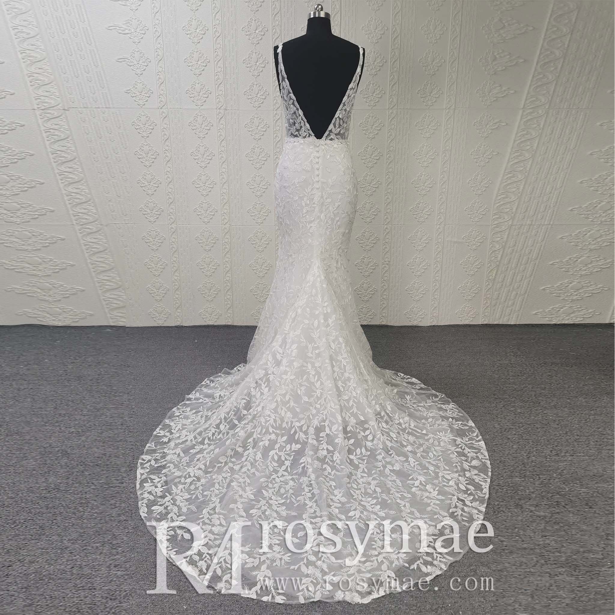 Plunging Deep V-neck Trumpet Floral Lace Wedding Dresses - Rosymae