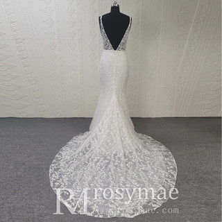 Plunging Deep V-neck Trumpet Floral Lace Wedding Dresses - Rosymae