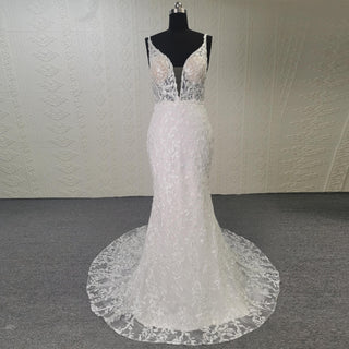 Plunging Deep V-neck Trumpet Floral Lace Wedding Dresses - Rosymae
