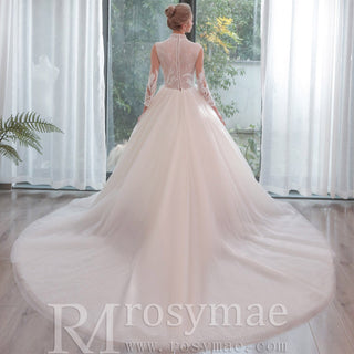 Plunging Neckline Ballgown Wedding Dress with Long Sleeves - Rosymae
