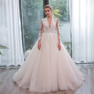 Plunging Neckline Ballgown Wedding Dress with Long Sleeves - Rosymae