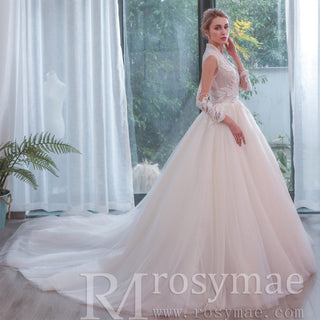 Plunging Neckline Ballgown Wedding Dress with Long Sleeves - Rosymae