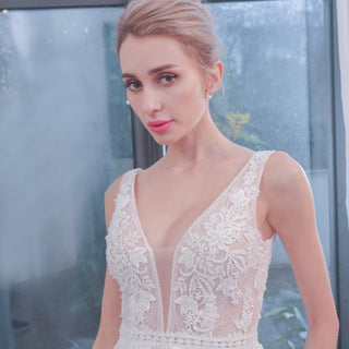 Plunging Neckline Sparkle Tulle A Line Wedding Dress with Tank Sleeve - Rosymae