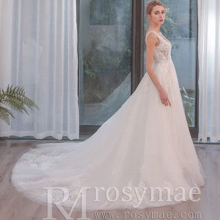 Plunging Neckline Sparkle Tulle A Line Wedding Dress with Tank Sleeve - Rosymae