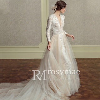 Keyhole Plunging A Line Wedding Dresses with Long Sleeve