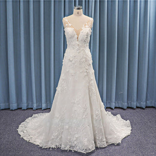 Plunging Neckline A-line Floral Lace Low Back Wedding Dresses