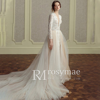 Keyhole Plunging A Line Wedding Dresses with Long Sleeve