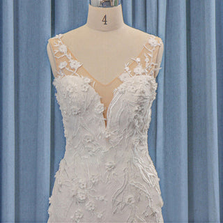 Plunging Neckline A-line Floral Lace Low Back Wedding Dresses