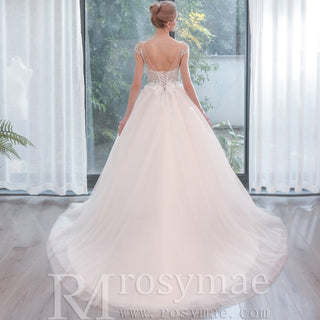 Plunging Sheer Neckline Capped Sleeve A Line Wedding Dresses - Rosymae