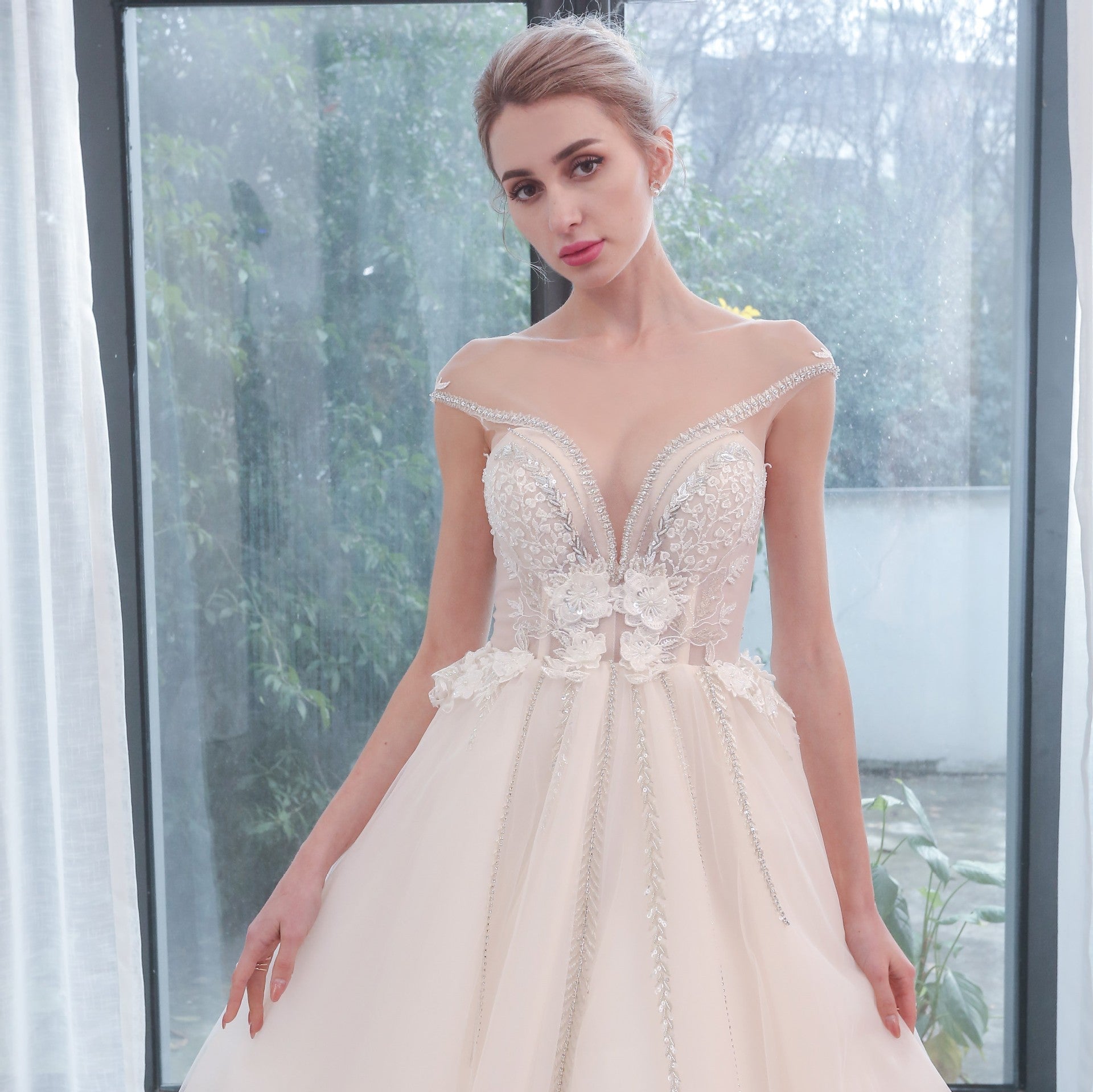 Plunging Sheer Neckline Capped Sleeve A Line Wedding Dresses - Rosymae