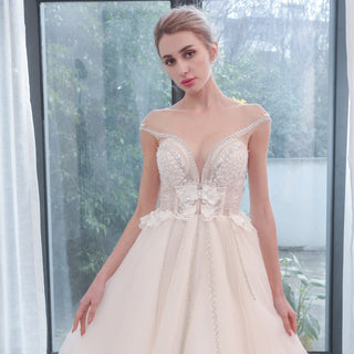 Plunging Sheer Neckline Capped Sleeve A Line Wedding Dresses - Rosymae