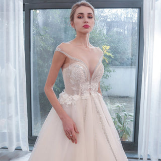 Plunging Sheer Neckline Capped Sleeve A Line Wedding Dresses - Rosymae