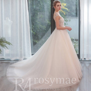 Plunging Sheer Neckline Capped Sleeve A Line Wedding Dresses - Rosymae