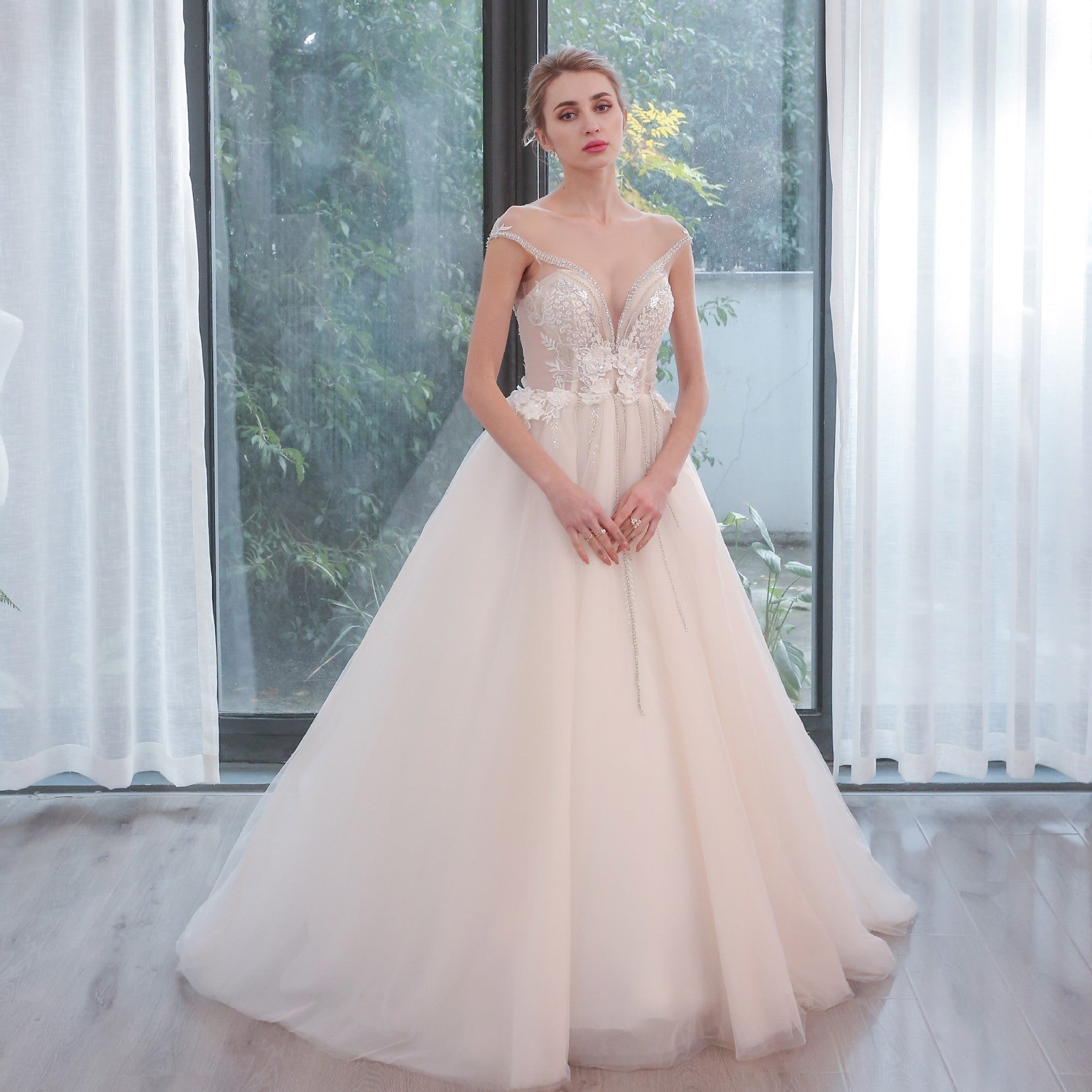 Plunging Sheer Neckline Capped Sleeve A Line Wedding Dresses - Rosymae