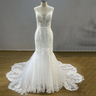 Plunging V-Neck Backless Lace Spaghetti Straps Mermaid Wedding Dress - Rosymae
