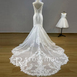 Plunging V-Neck Backless Lace Spaghetti Straps Mermaid Wedding Dress - Rosymae