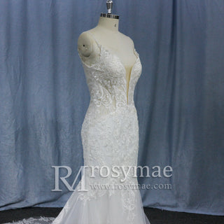 Plunging V-Neck Backless Lace Spaghetti Straps Mermaid Wedding Dress - Rosymae