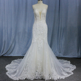 Plunging V-Neck Backless Lace Spaghetti Straps Mermaid Wedding Dress - Rosymae