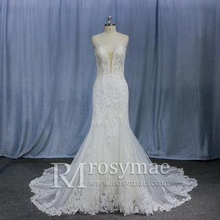 Plunging V-Neck Backless Lace Spaghetti Straps Mermaid Wedding Dress - Rosymae